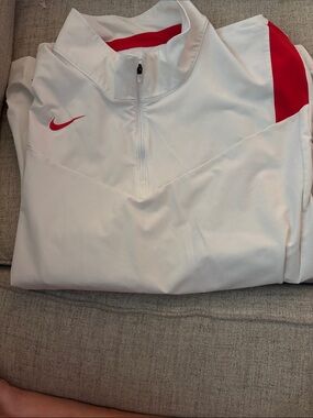 Nike White Quarter-Zip Pullover with Red Swoosh and Shoulder Panels